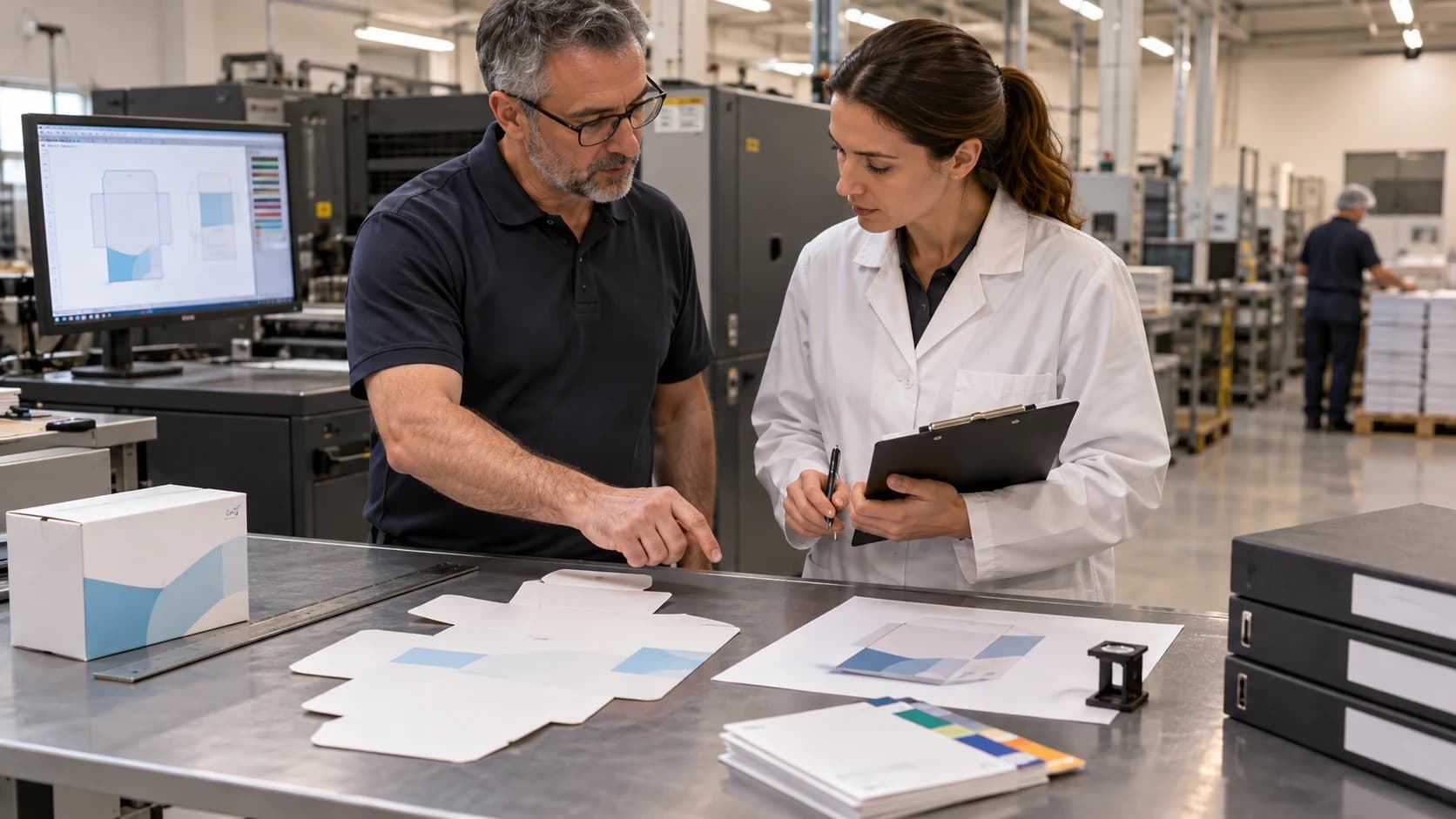 Factory prepress team confirming medical device packaging artwork version handoff