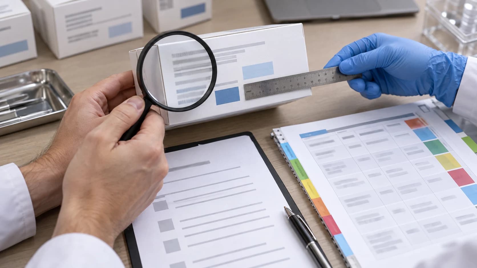 Reviewers inspecting a medical device label proof beside a market matrix and glossary sheet