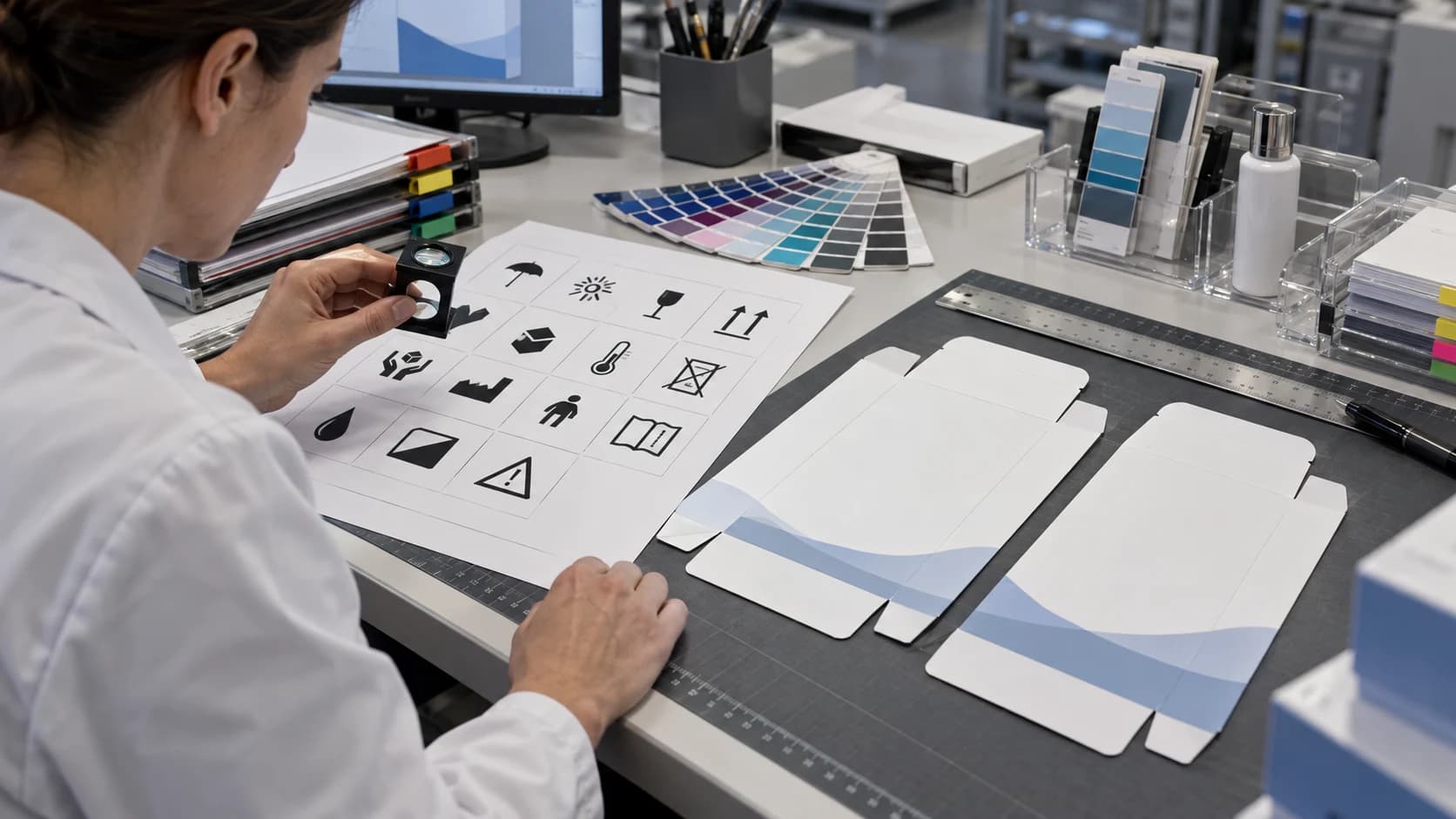 Artwork specialist comparing symbol source sheet with medical device carton panels