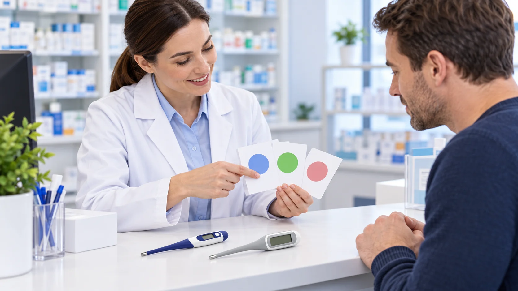 Pharmacist explaining digital thermometer measurement-site instructions to an adult customer