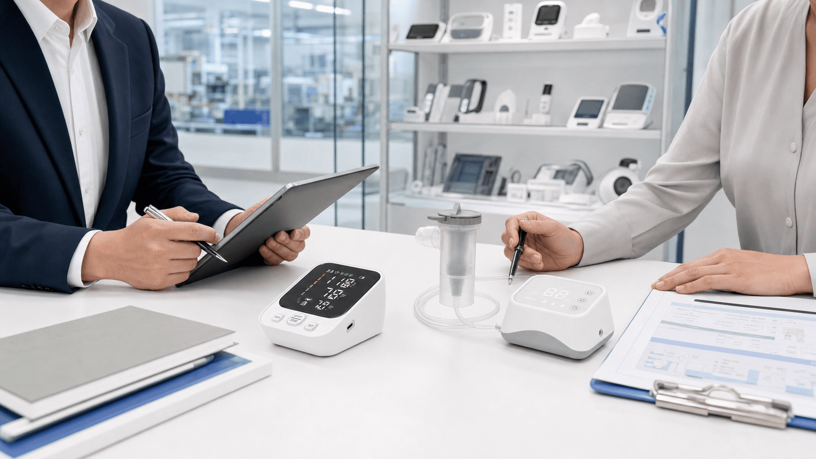 A medical device buyer and supplier reviewing home healthcare product samples