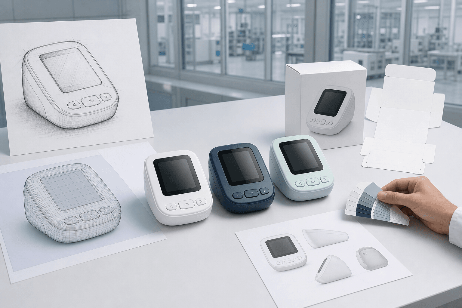 Medical device customization workflow with product sketches, color variants and packaging development
