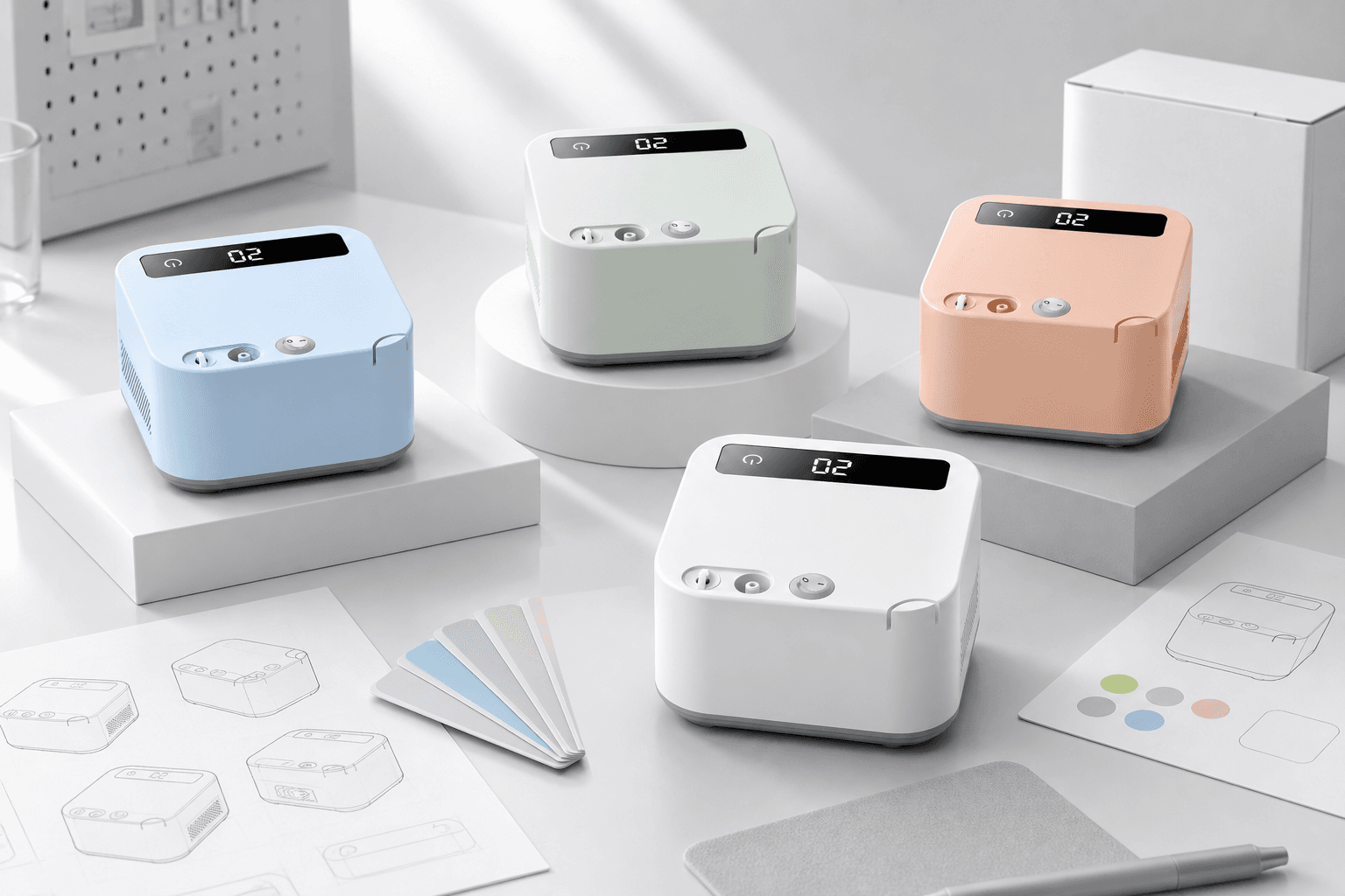 Medical device customization workflow with product sketches, color variants and packaging development