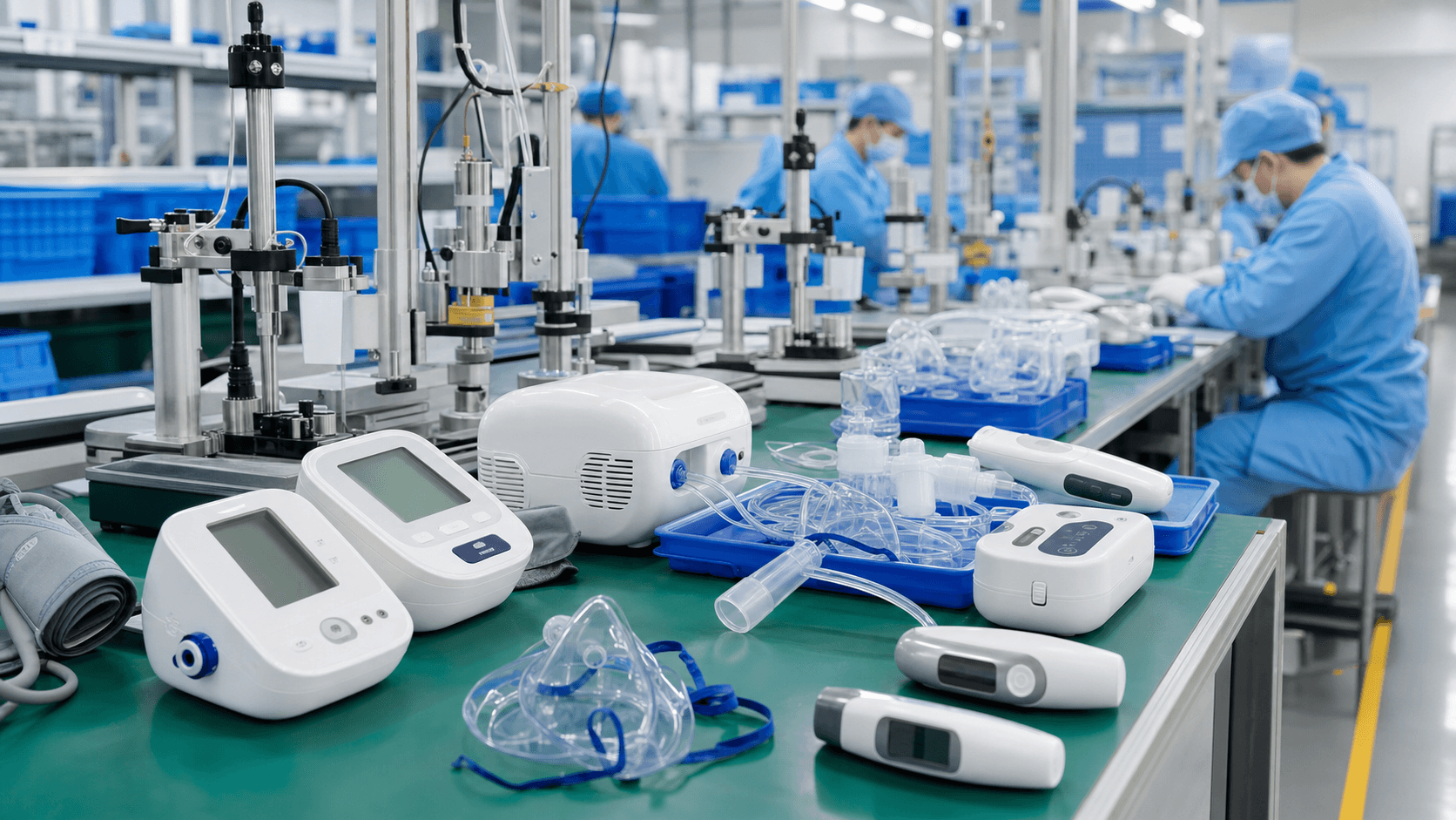 Assembly line with blood pressure monitors, nebulizers, thermometers and air mattress pump controllers