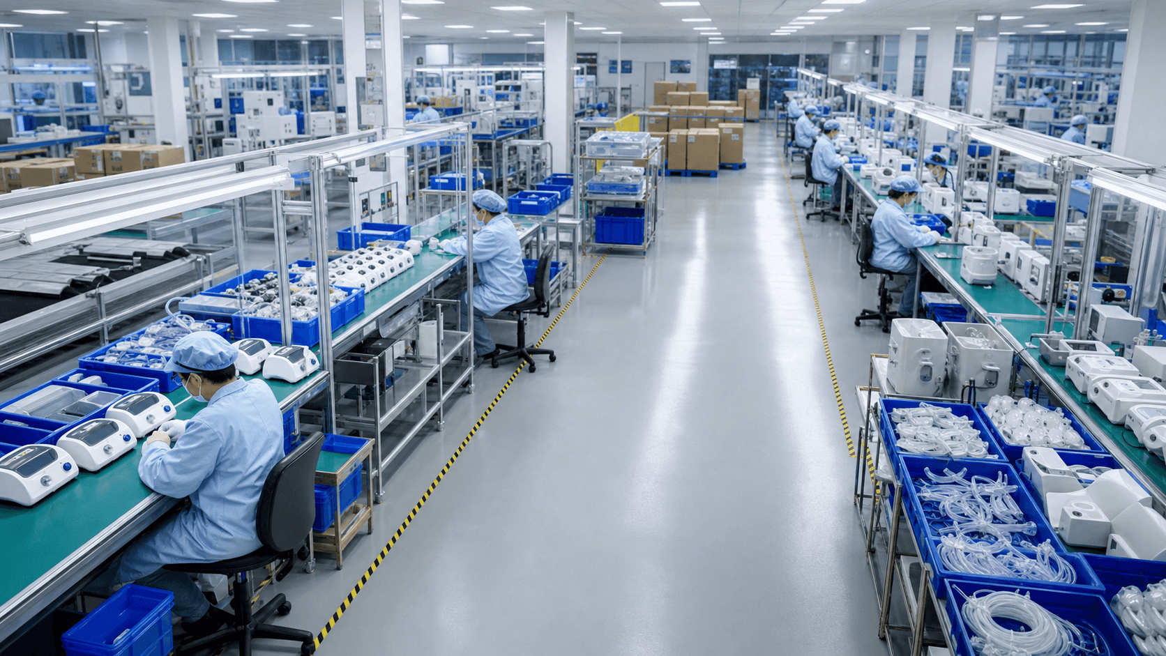 Clean workshop overview with home healthcare devices and assembly benches