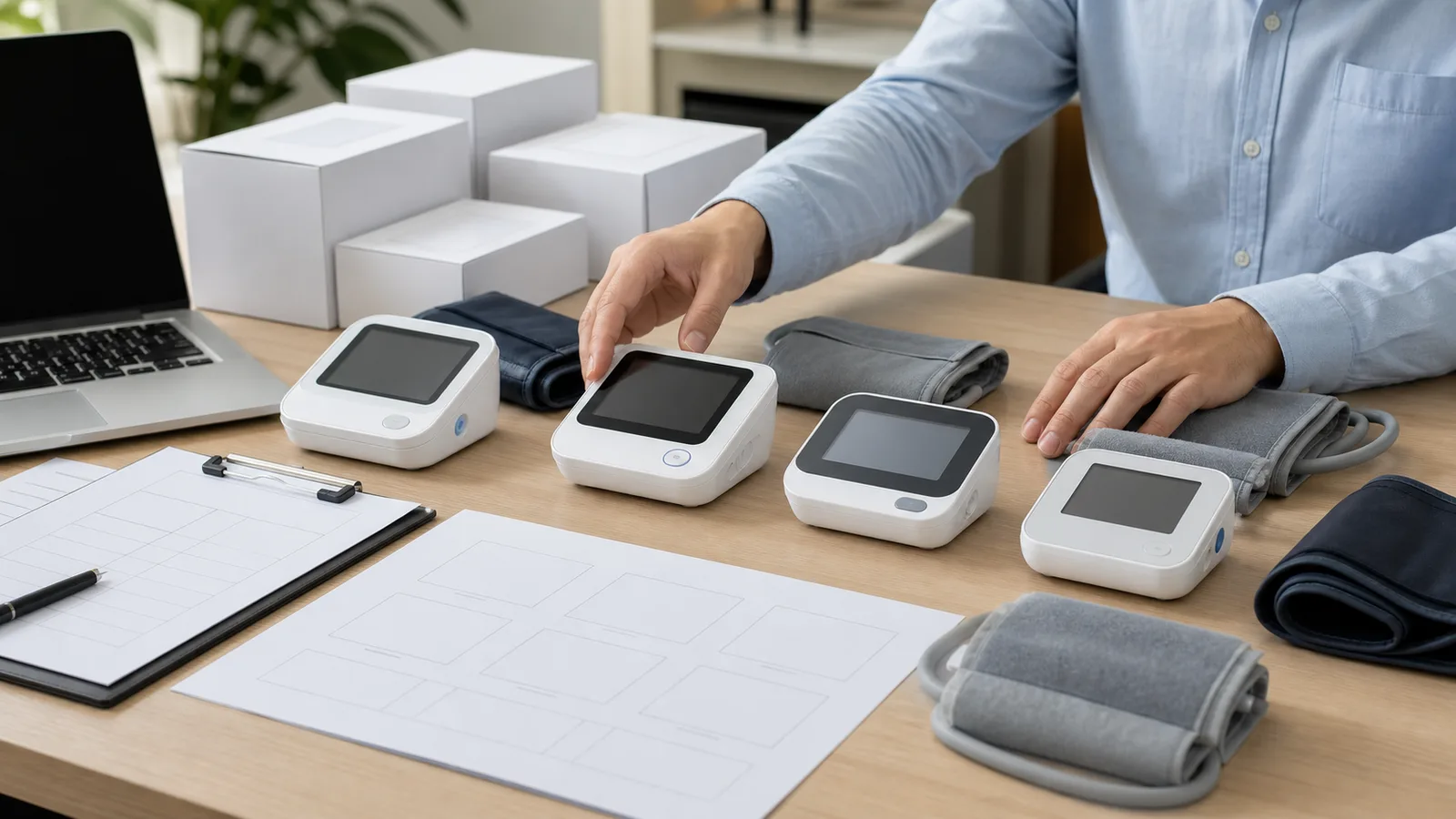 Upper arm blood pressure monitor samples and cuffs arranged for B2B model scope review