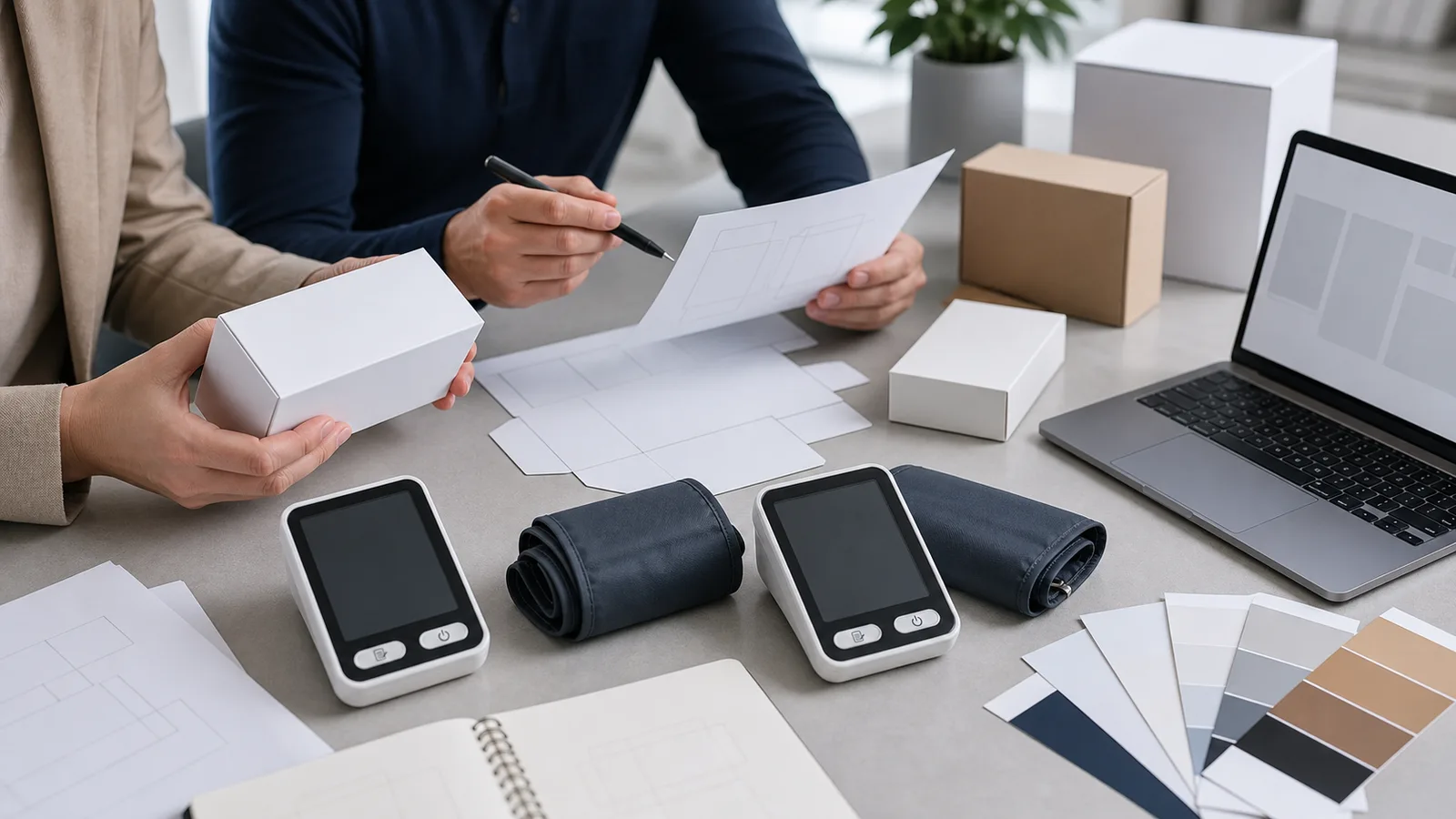 Upper arm blood pressure monitor samples with blank packaging mockups for private-label review