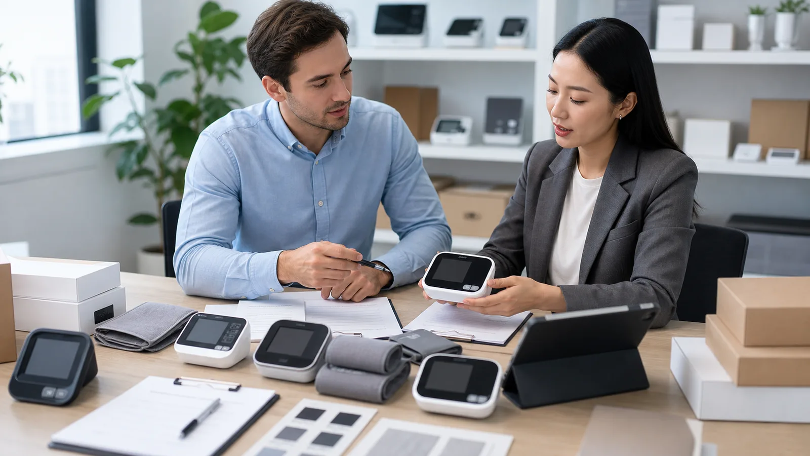 Upper arm blood pressure monitor samples reviewed during a B2B manufacturer sourcing meeting