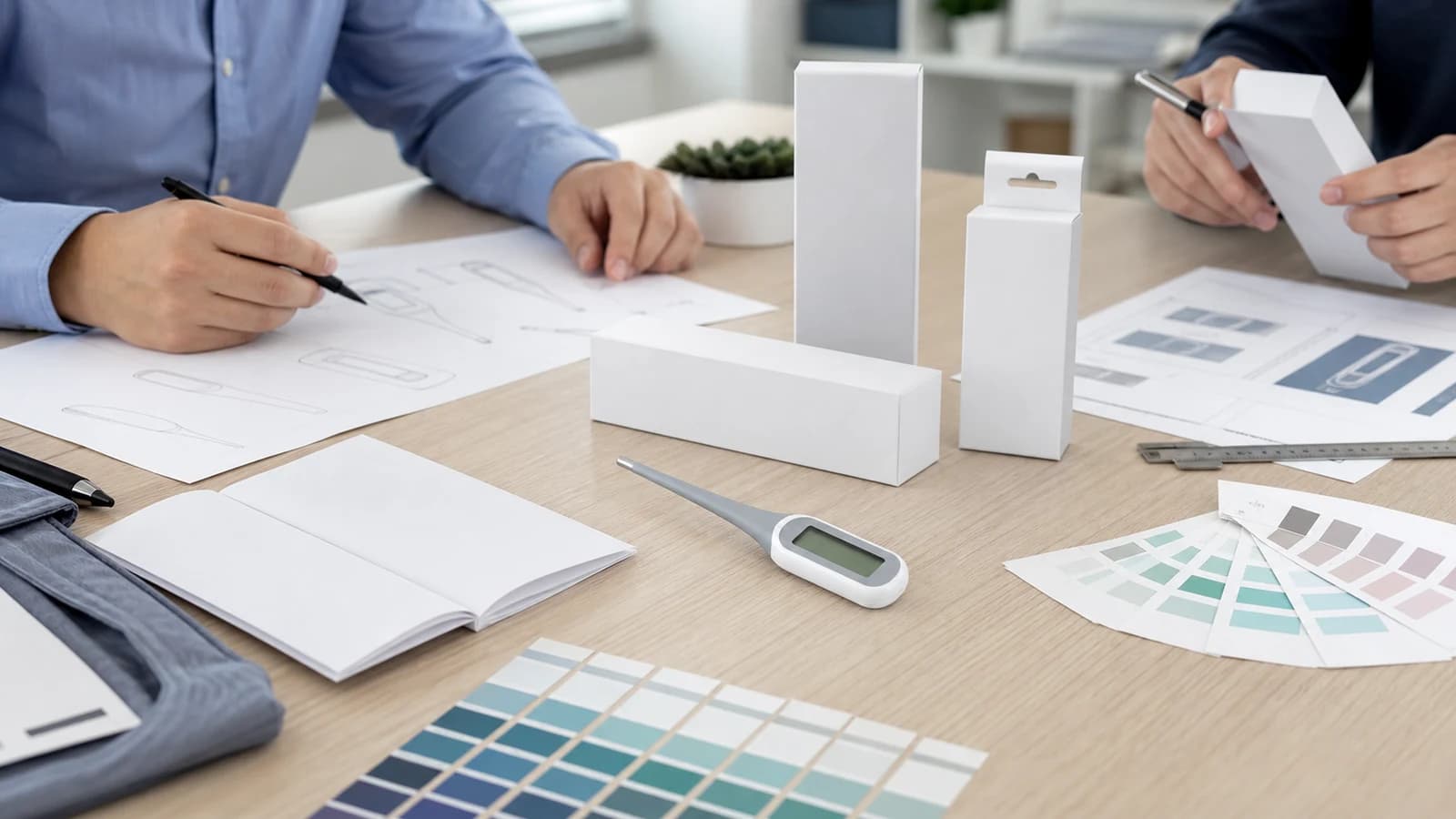 Private-label digital thermometer packaging brief reviewed with blank carton and artwork materials