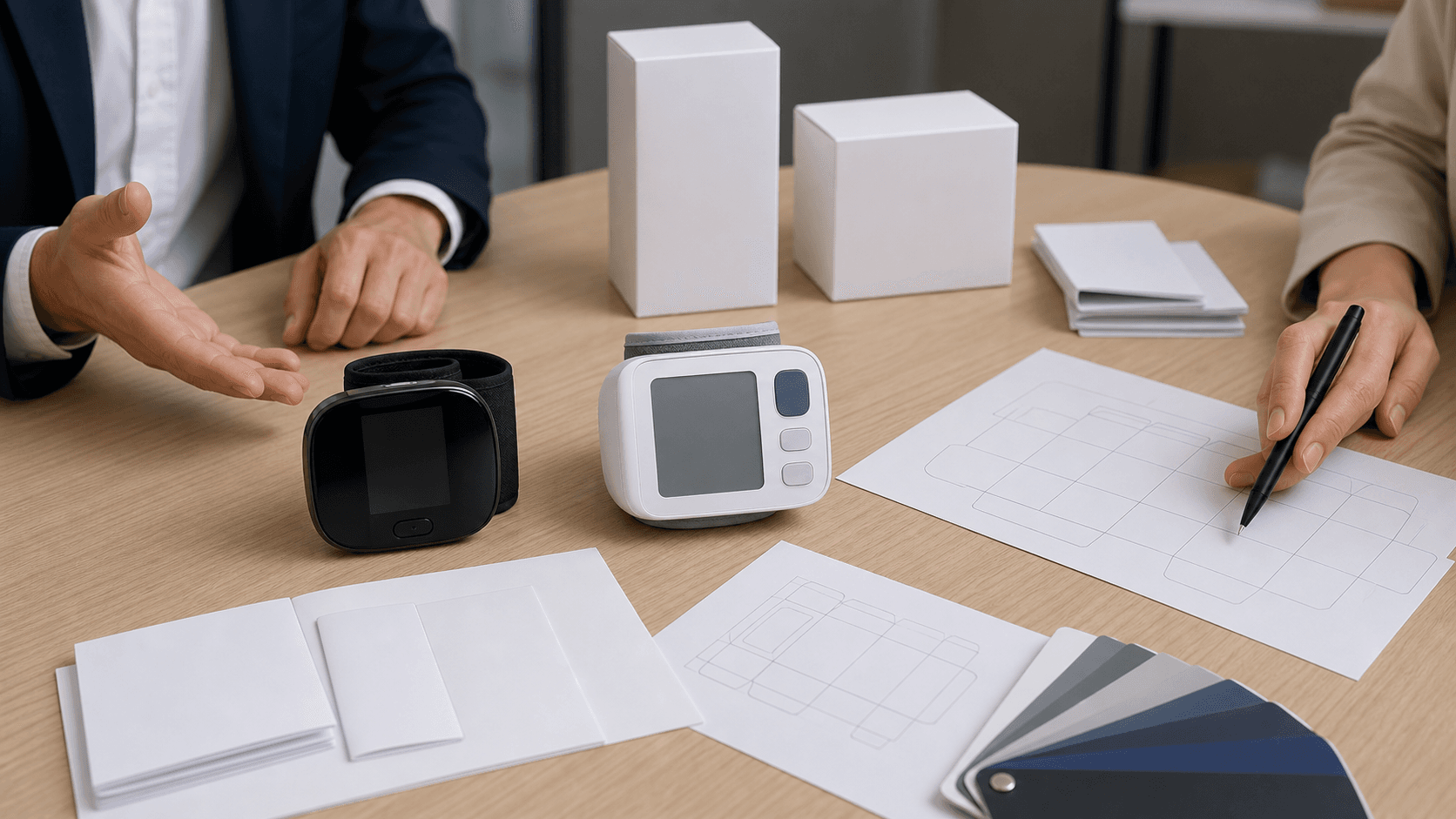 OEM team reviewing wrist blood pressure monitor samples, compact packaging and manuals