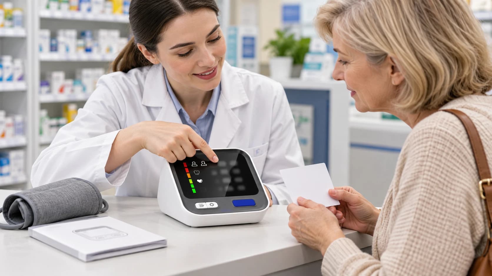 Pharmacist explaining a blood pressure monitor user selection workflow at a consultation counter