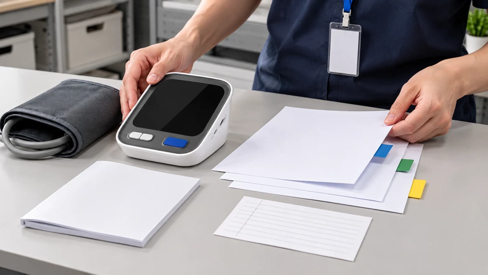 Customer support specialist reviewing blood pressure monitor documents at a workstation