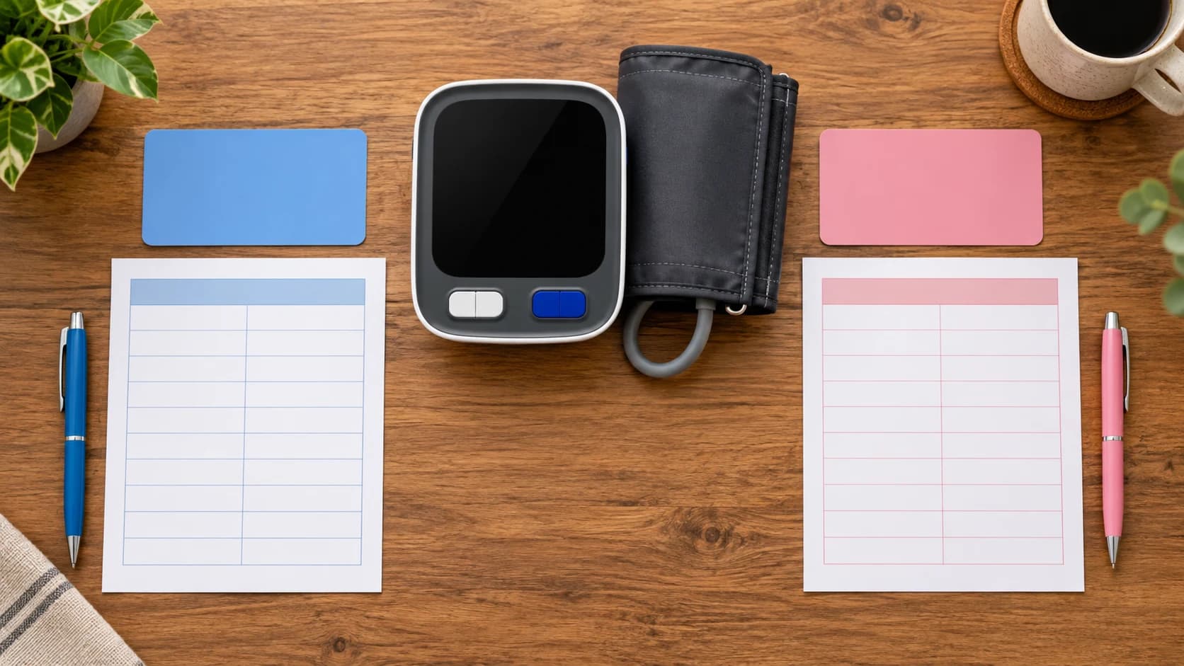 Powered-off blood pressure monitor with cuff, separate user cards, and blank record sheets