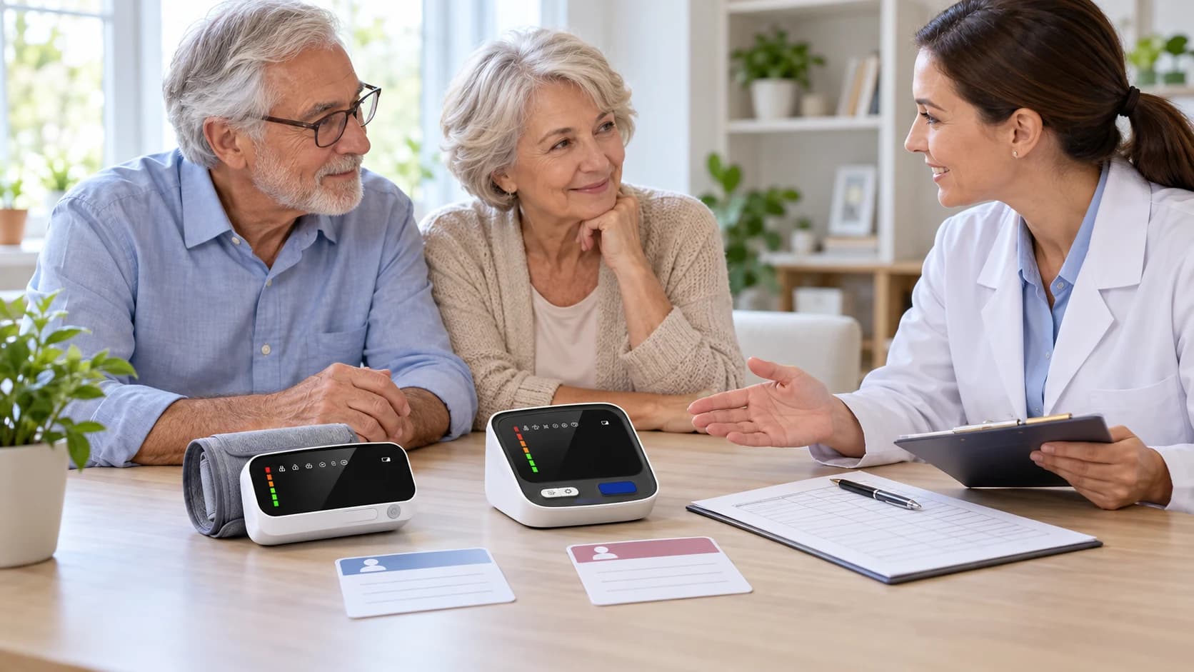 Care educator explaining multi-user blood pressure monitor memory records to an older couple